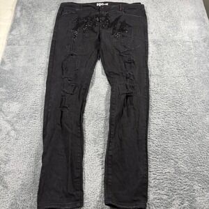 Preme Black Distressed Rhinestone Logo Jeans 40x34 Slim Streetwear Pants